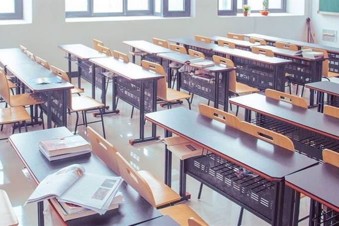 Tables and chairs in a classroom