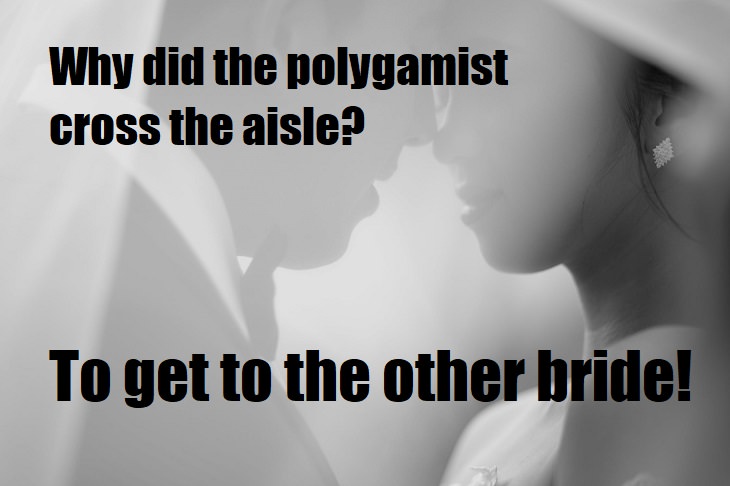 Why did the polygamist cross the aisle? To get to the other bride. lame jokes about polygamy