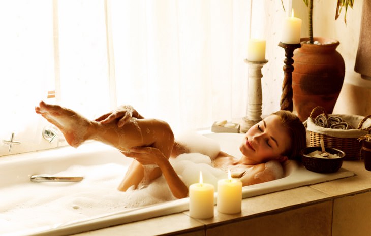 woman bathing in warm water