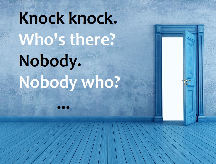 Knock knock.  Who’s there?  Nobody.  Nobody who?  … - weird knock knock jokes