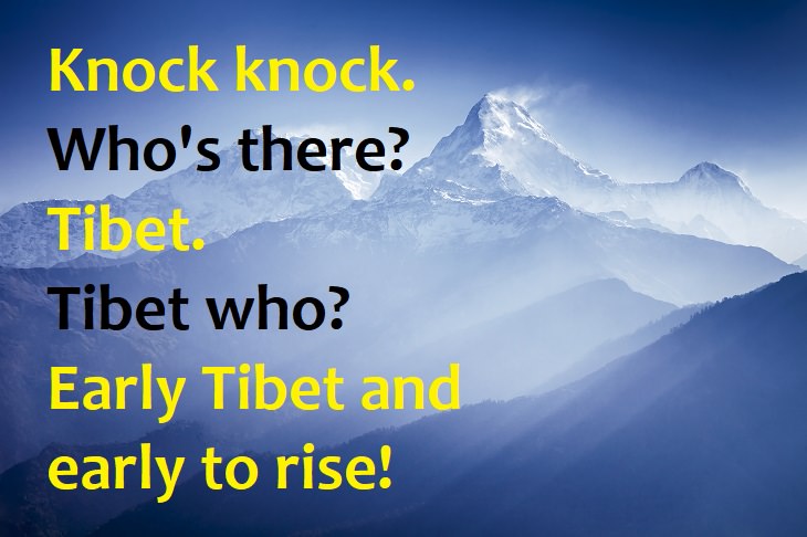 Knock knock.  Who's there?  Tibet.  Tibet who?  Early Tibet and early to rise! - knock knock puns