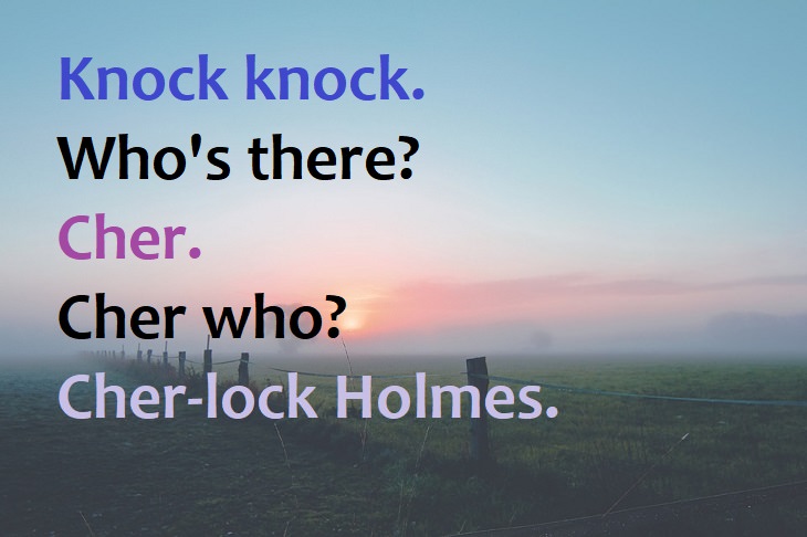 Knock knock.  Who’s there?  Cher.  Cher who?  Cher-lock Holmes. - cheesy knock knock jokes