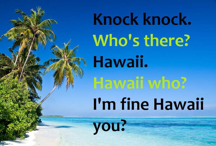 Knock knock!  Who’s there?  Hawaii.  Hawaii who?  I’m fine, Hawaii you? funny knock knock joke