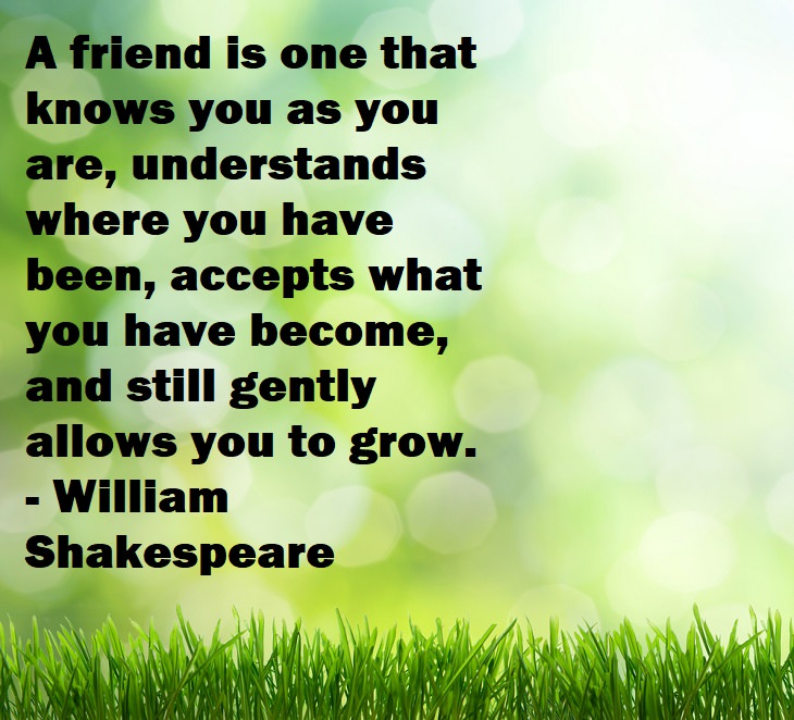 Beautiful Quotes - A friend is one that knows you as you are, understands where you have been, accepts what you have become, and still gently allows you to grow. - William Shakespeare