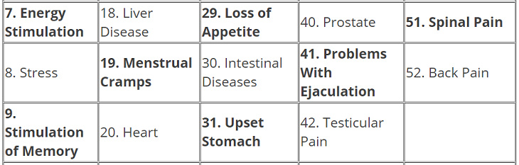 energy stimulation, stress, memory stimulation, liver disease, menstrual cramps, heart problems, appetite loss, intestinal disease, upset stomach, prostate, ejaculation issues, testicular pain, spinal pain, back pain