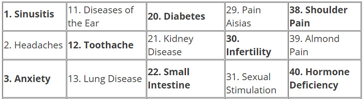 sinusitis, headaches, anxiety, ear diseases, toothache, lung disease, diabetes, kidney disease, small intestine, aisias pain, infertility, sexual stimulation, shoulder pain, almond pain, hormone deficiency