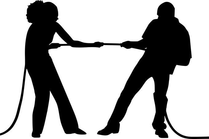 Illustration of a man and a woman playing tug-a-war