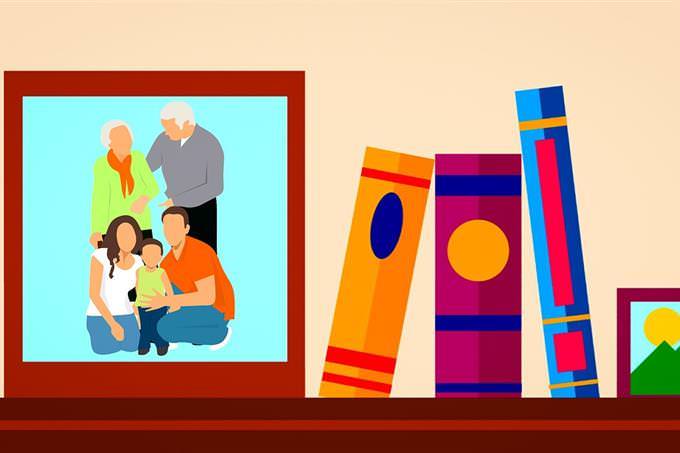 Illustration of a bookshelf with a family photo