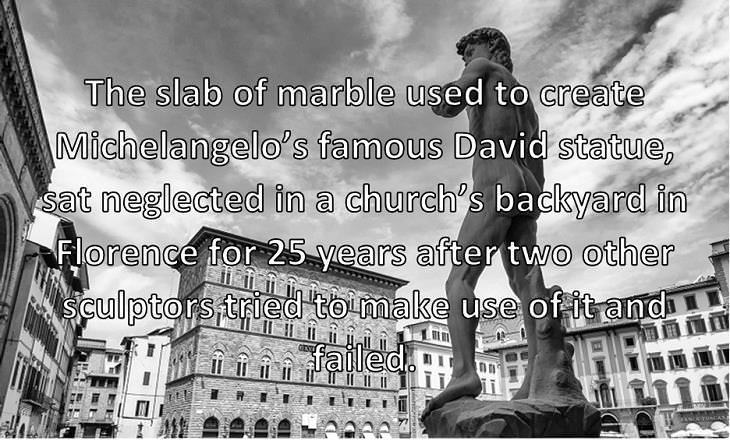 The slab of marble used to create Michelangelo’s famous David statue, sat neglected in a church’s backyard in Florence for 25 years after two other sculptors tried to make use of it and failed. 