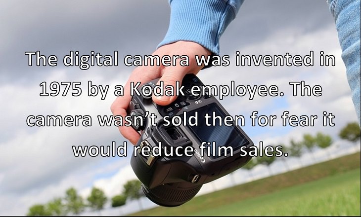  The digital camera was invented in 1975 by a Kodak employee. The camera wasn’t sold then for fear it would reduce film sales.