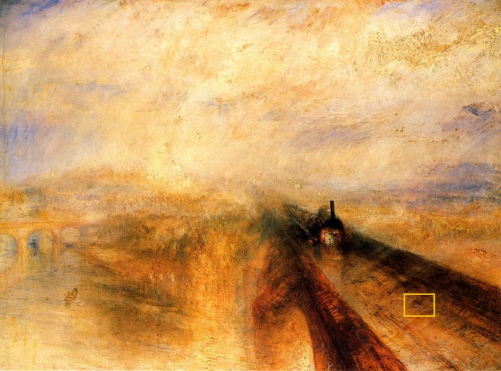 curious detail in famous art JMW Turner, Rain, Steam, and Speed – The Great Western Railway (1844)