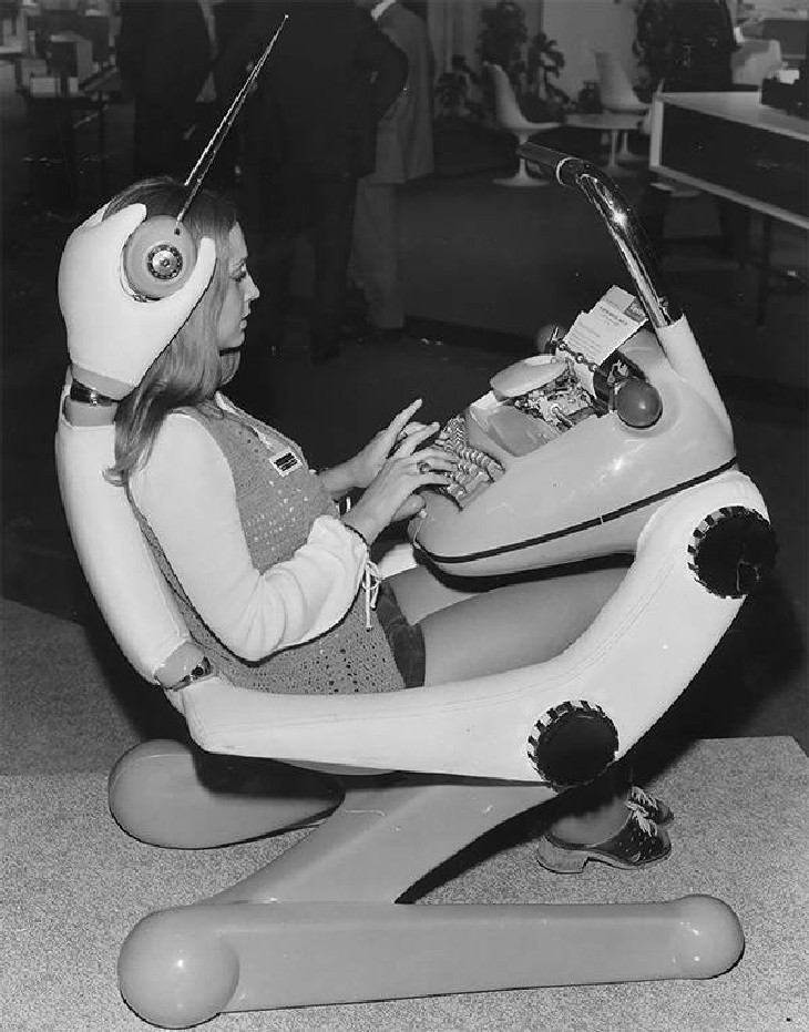25 Silly and Fun Futuristic Inventions of the Past typewriter-desk-chair design at the Business Efficiency Exhibition, 1971