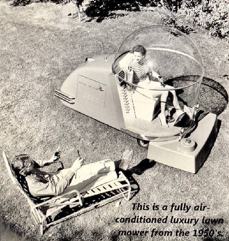 25 Silly and Fun Futuristic Inventions of the Past luxury air conditioned lawn mower prototype from the 1950's