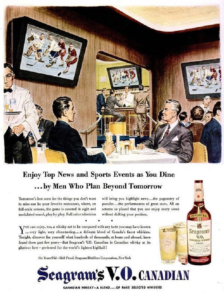 25 Silly and Fun Futuristic Inventions of the Past 946 illustration of a flat screen TV from Seagram’s 'Beyond Tomorrow' ad series