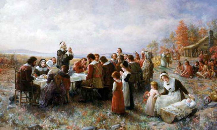 Thanksgiving Facts Trivia painting depicting thanksgiving in plymouth