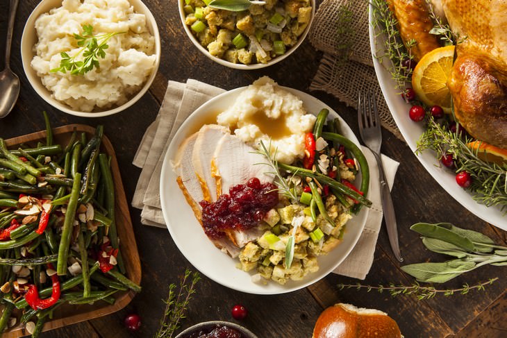 Thanksgiving Facts Trivia plate full of thanksgiving foods on the table flatlay