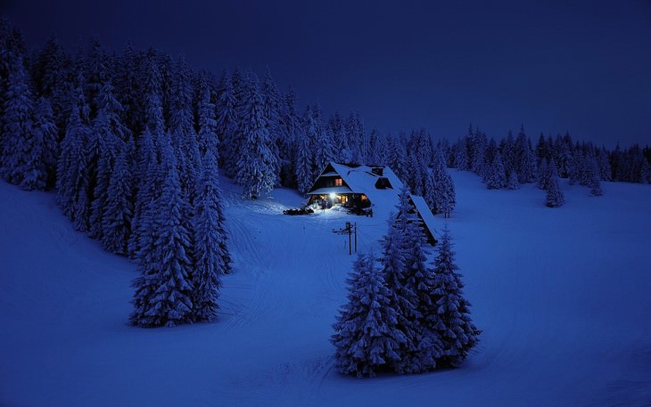 winter landscapes collection Snow Covered Cabin in the Woods at Night