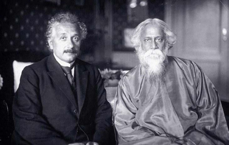 historical photos:Rabindranath Tagore, an Indian poet, and philosopher who was the first Asian to receive the Nobel Prize for Literature, alongside renowned scientist Albert Einstein who won the Nobel Prize in Physics, at Einstein's home in Germany - July 1930.