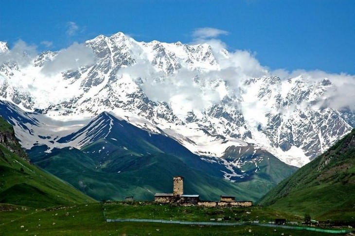 Georgia natural beauty: One of the Ushguli villages ​surrounded by snowy mountains