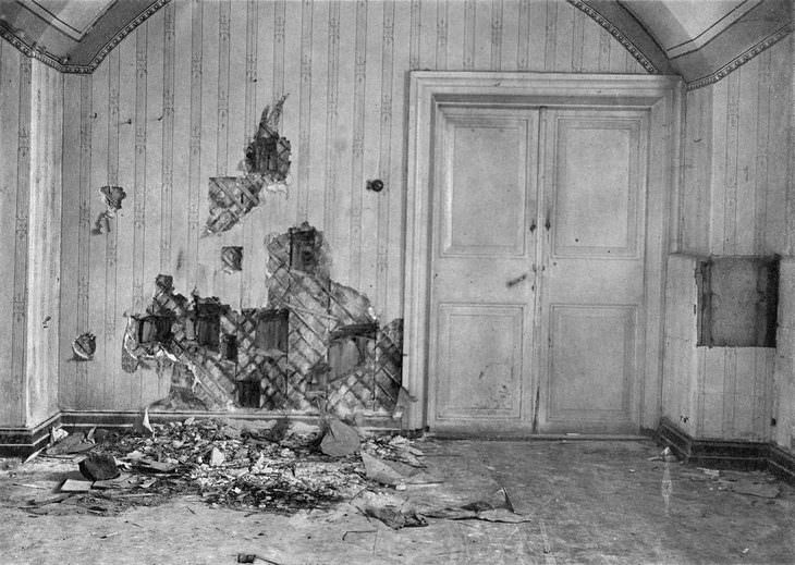 historical photos: The room in which the Russian Tsar Nicholas II and his family were executed by the Bolsheviks in Yekaterinburg, Russia - 1917.