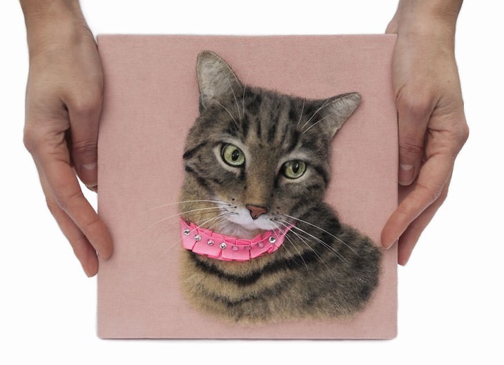  Felted Wool Portraits of Pets Hanna Tsukanova striped cat with pink collar