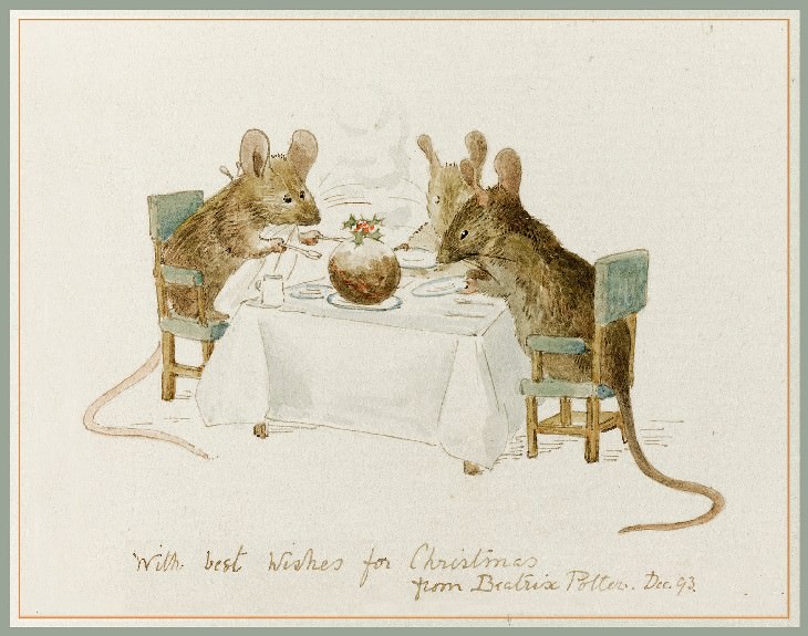 Beatrix Potter Three mice seated at a table about to devour a Christmas pudding (1893)