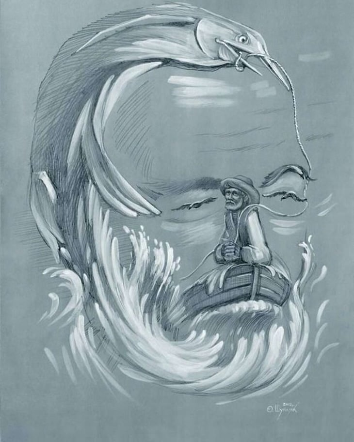 optical illusions Oleg Shuplyak Ernest Hemingway "The Old Man And Big Fish"