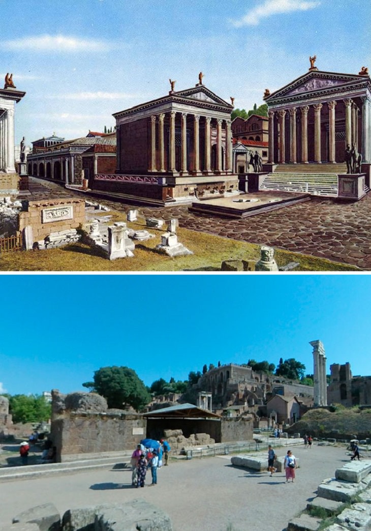 Roman ruins in the past Temple Of Castor And Pollux And Temple Of Caesar