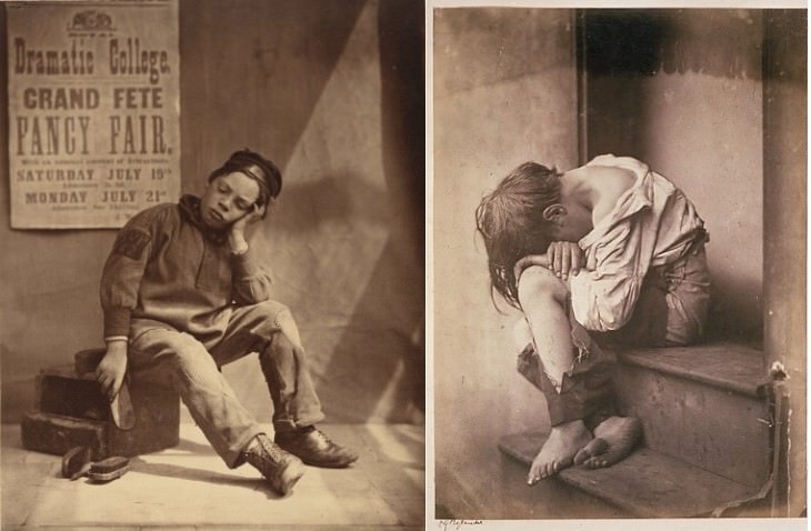 Oscar Gustave Rejlander artist portrait It Won't Rain To-day, c.1865 (left), Homeless, staged studio work c.1865 (right)