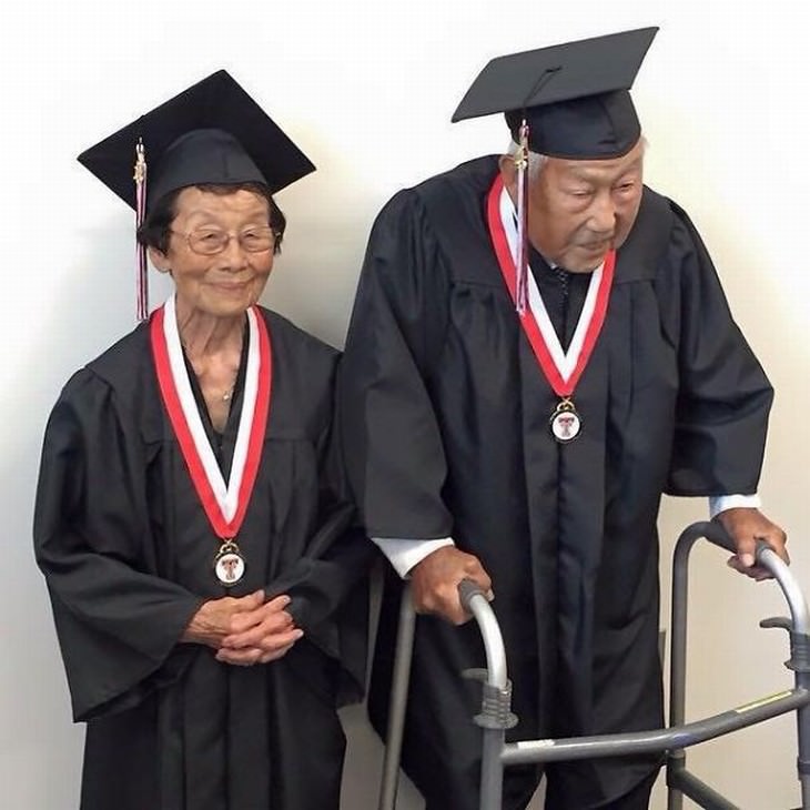 senior graduates couple gets high school diploma