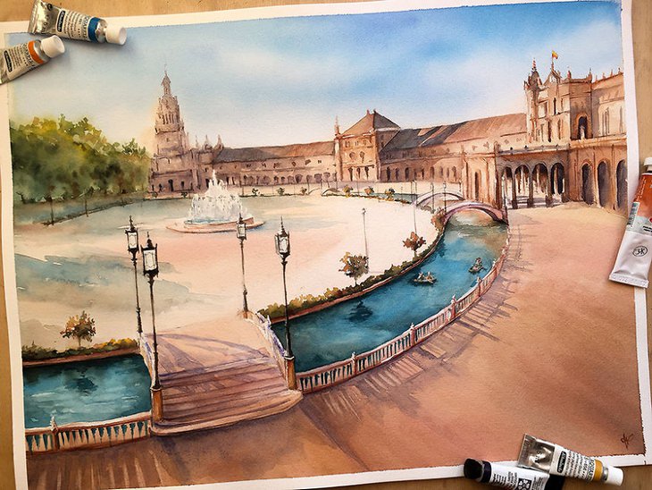 Watercolor landmarks: Plaza de España