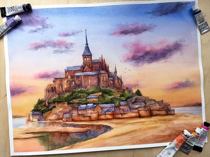 Watercolor landmarks: st michel France