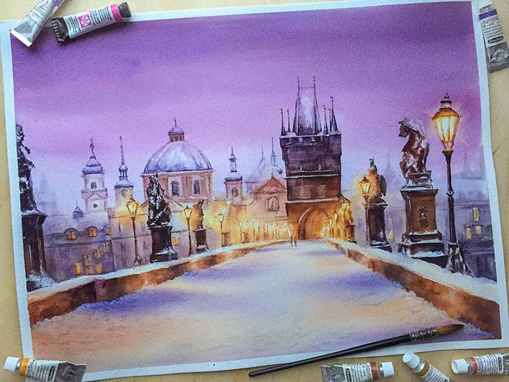 Watercolor landmarks: Charles Bridge Prague