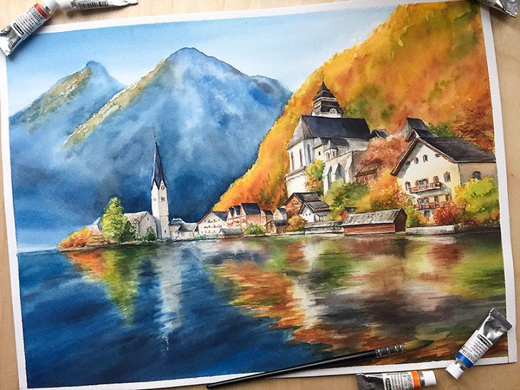 Watercolor landmarks: Hallstatt Austria
