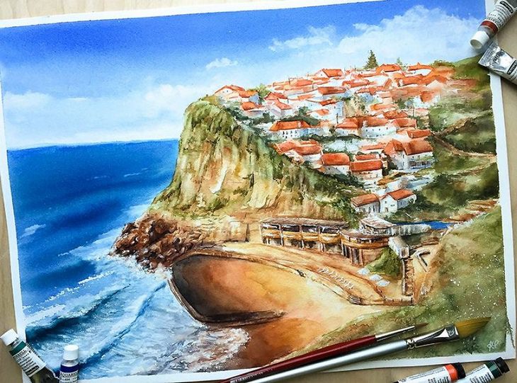 Watercolor landmarks: Azenhas Do Mar Portugal