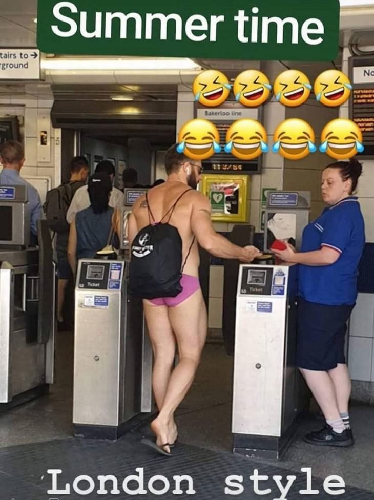 UK heatwave response funny man in subway pink trunks