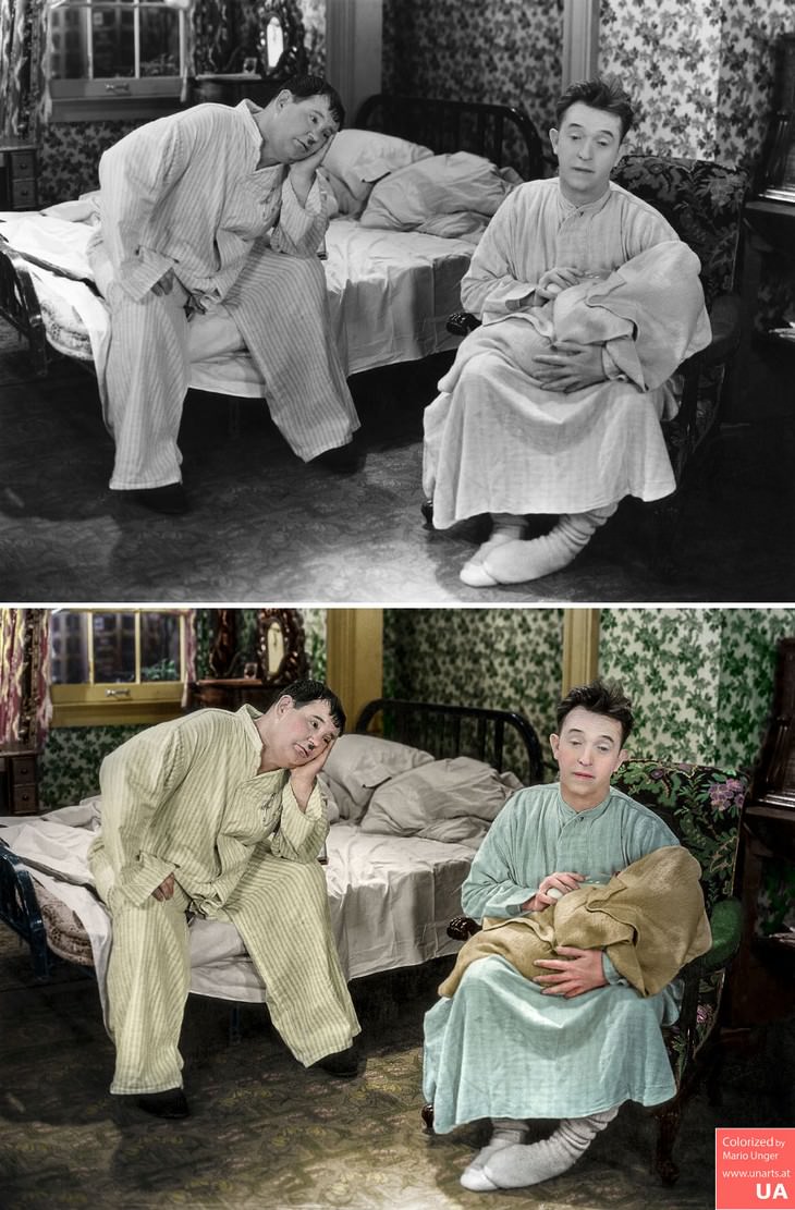 colored photos film scenes Mario Unger 'Their First Mistake' (1932) with Laurel and Hardy