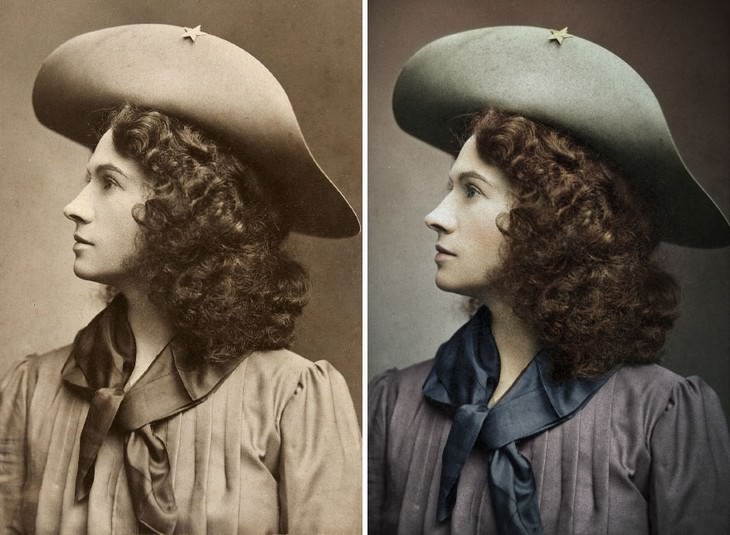 colored photos historical moments and figures by Mario Unger Annie Oakley, the Renowned Sharpshooter (c. 1903)
