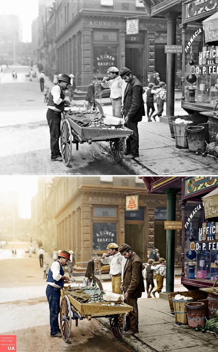 colored photos historical moments and figures by Mario Unger Clam Cart in New York City (1900)