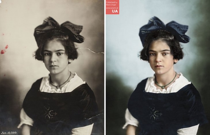 colored photos film scenes Mario Unger Frida Kahlo in the age of 11 (1919)