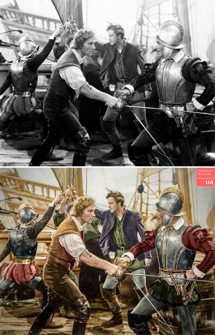 colored photos film scenes Mario Unger 'The Seahawk' (1940) Featuring Errol Flynn