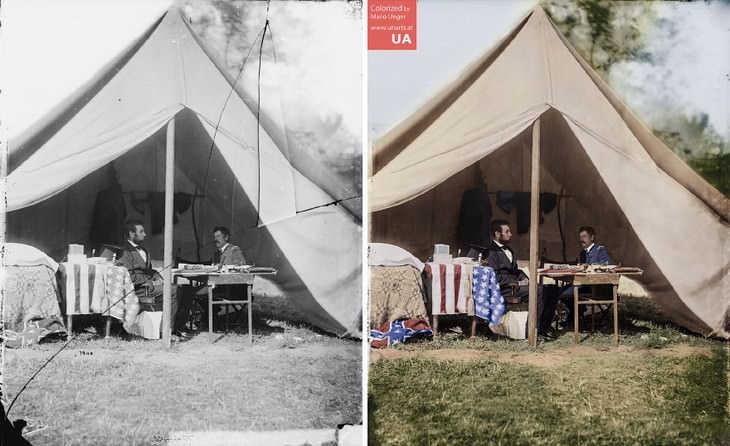 colored photos historical moments and figures by Mario Unger President Abraham Lincoln and General George B. McClellan Conversing in the General's Tent (October 3, 1863, Antietam, MD)