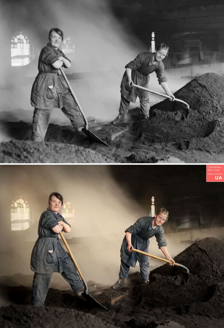 colored photos historical moments and figures by Mario Unger Female Workers during World War I Fueling Kilns with Charcoal at The Glebe Sugar Refinery Co. (1918, Greenock, Scotland)