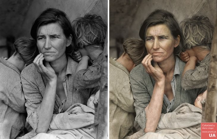 colored photos historical moments and figures by Mario Unger Destitute Pea Pickers in California, Portrait of a Mother of Seven (1936, Nipomo, CA)