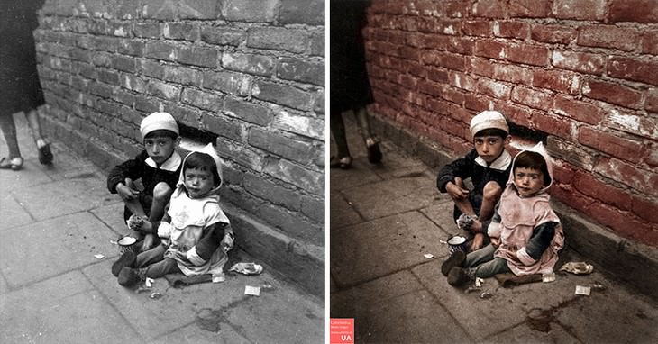 colored photos historical moments and figures by Mario Unger Two Children in the Warsaw Ghetto, Poland (Original Photograph by Joel Bellviure)