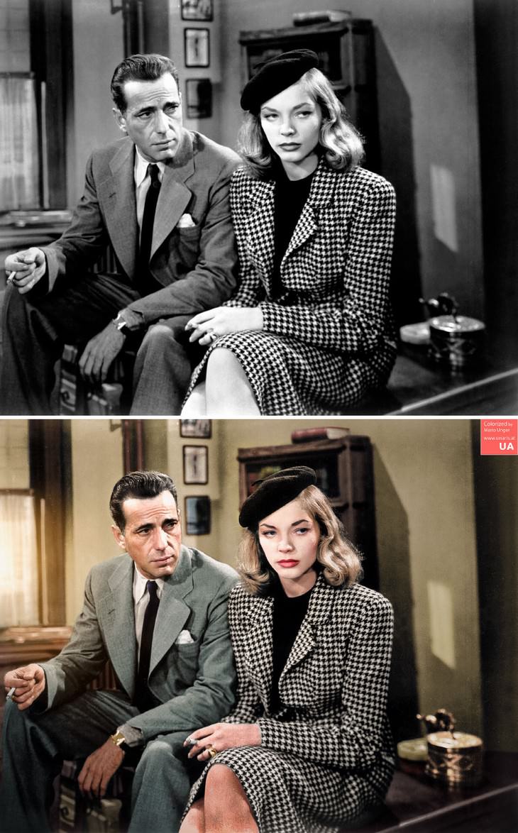 colored photos film scenes Mario Unger 'The Big Sleep' (1946) with Humphrey Bogart and Lauren Bacall