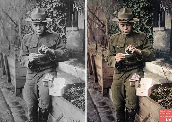 colored photos historical moments and figures by Mario Unger American Soldier during World War I Opening a Red Cross Christmas Box (1917)