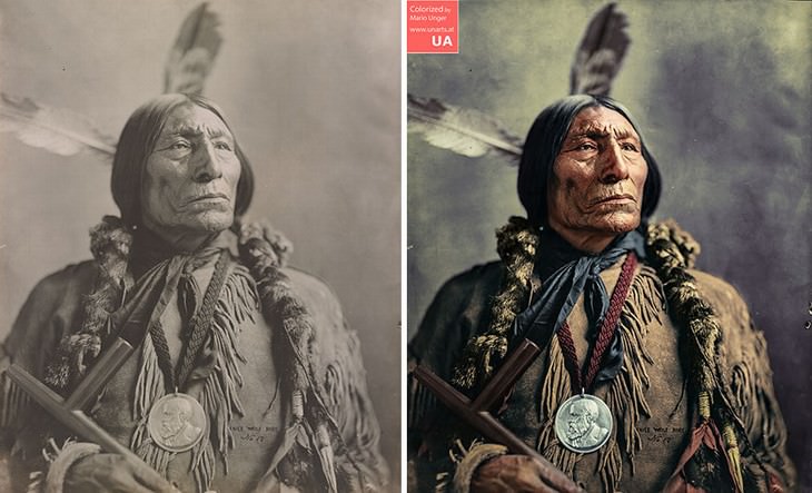 colored photos historical moments and figures by Mario Unger Portrait of Cheyenne Indian Chief Wolf Robe (1904)