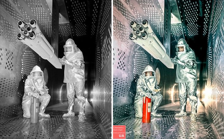 colored photos historical moments and figures by Mario Unger NASA Engineers Testing a Saturn I Rocket Model in a Wind Tunnel