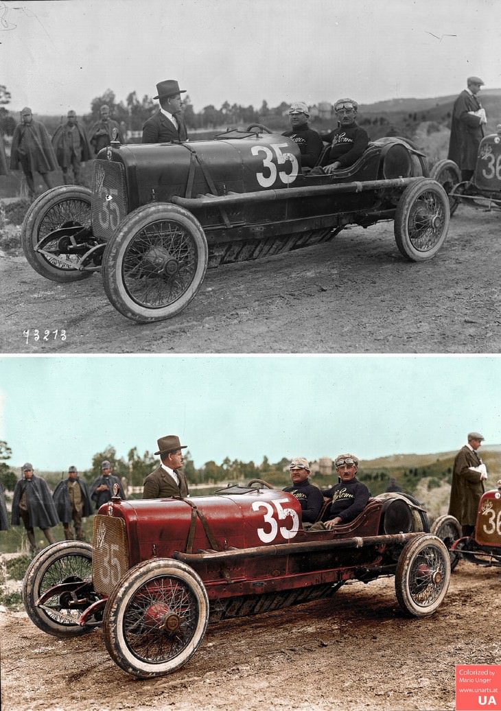 colored photos historical moments and figures by Mario Unger Italian Race Car Driver Ugo Sivocci at the Targa Florio Automobile Race in an Alfa Romeo (1922)